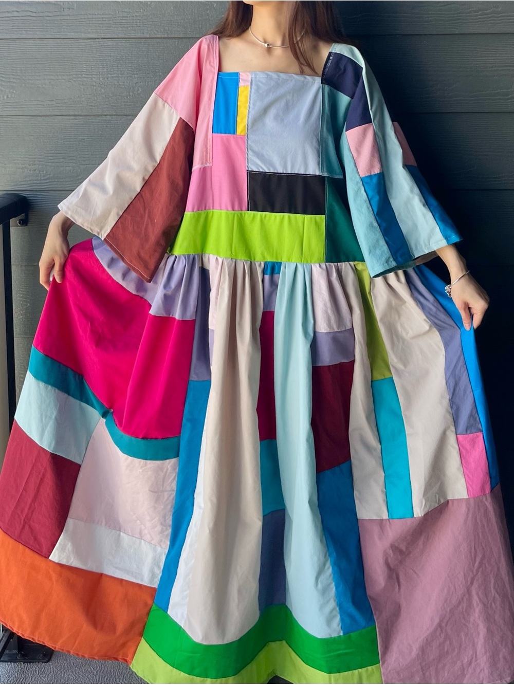 Handmade Quilted Patchwork Colorblock Dress SKU 05034 - Picture 1 of 16